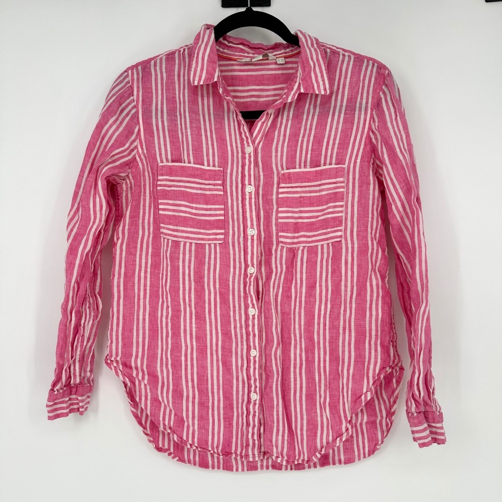 Boden Pink Vertical Stripe 100% Linen Button Down Shirt US 4 P Coastal Summer